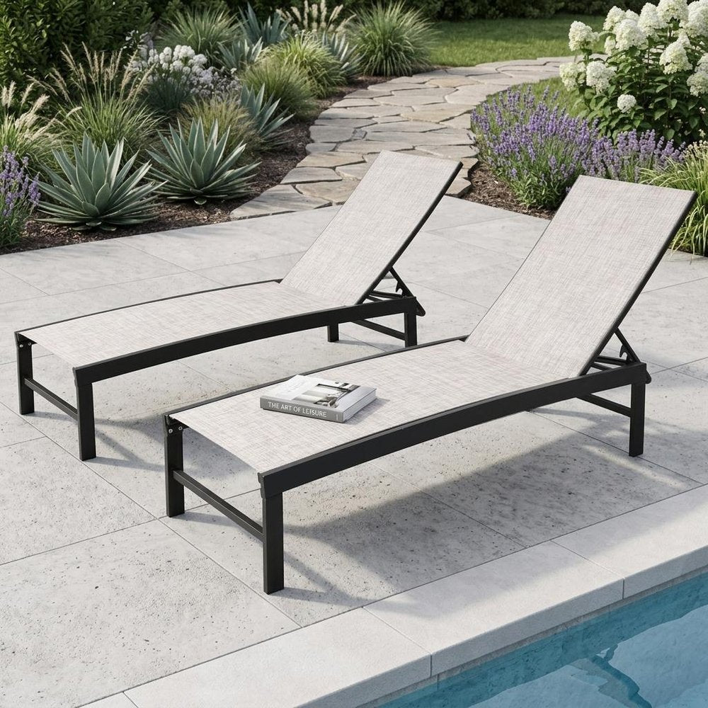 Set of Two Off White Steel Five Position Adjustable Outdoor Chaise Lounges