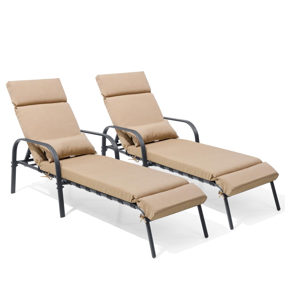 Set of Two Brown Steel Six Position Adjustable Outdoor Chaise Lounges with Tan Cushion