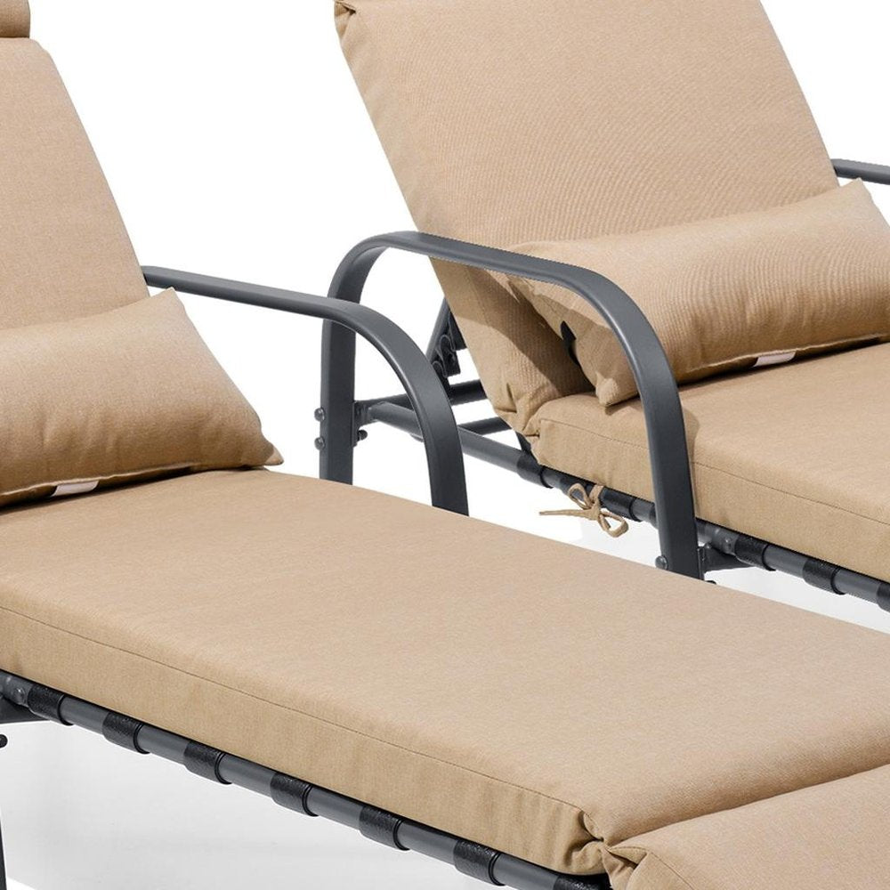 Set of Two Brown Steel Six Position Adjustable Outdoor Chaise Lounges with Tan Cushion