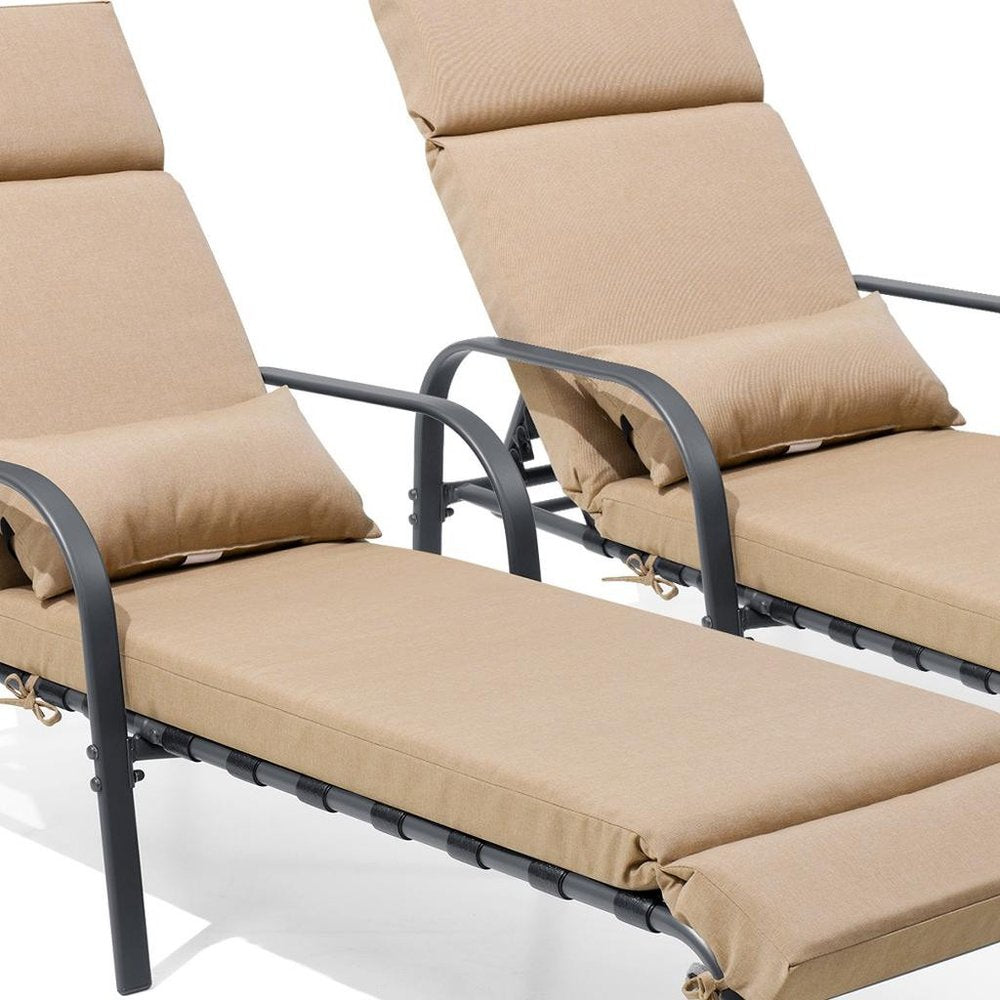 Set of Two Brown Steel Six Position Adjustable Outdoor Chaise Lounges with Tan Cushion