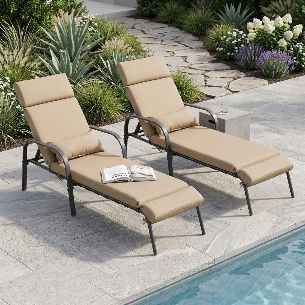 Set of Two Brown Steel Six Position Adjustable Outdoor Chaise Lounges with Tan Cushion