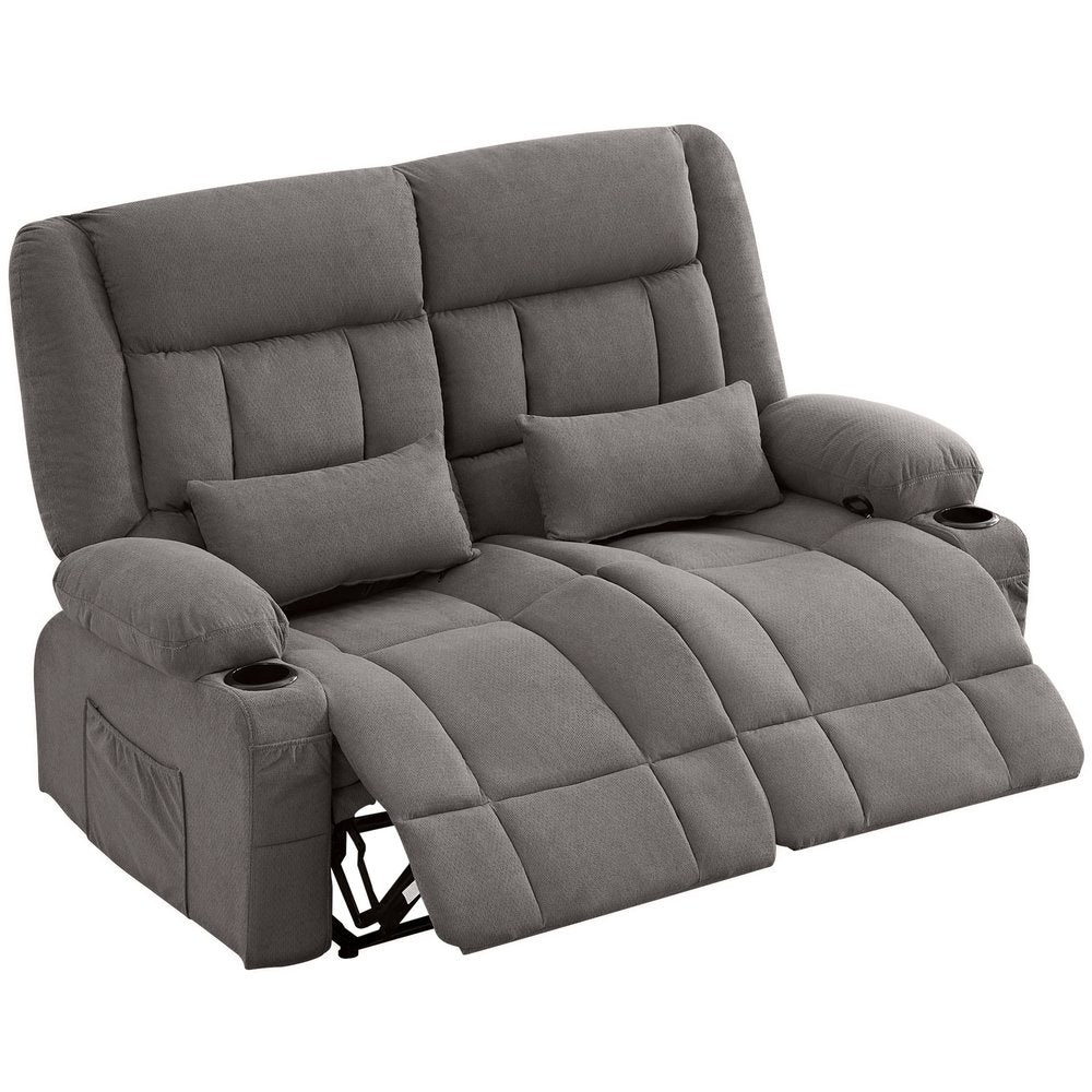 Gray Microfiber Manual Reclining Loveseat with Storage and Toss Pillows