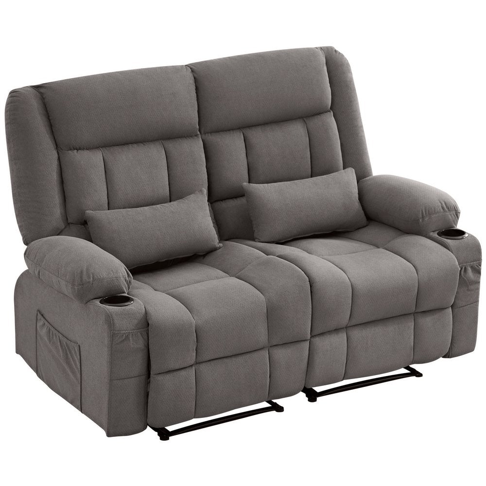 Gray Microfiber Manual Reclining Loveseat with Storage and Toss Pillows