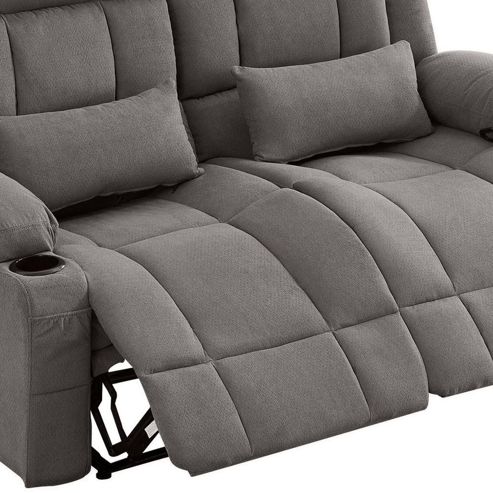 Gray Microfiber Manual Reclining Loveseat with Storage and Toss Pillows