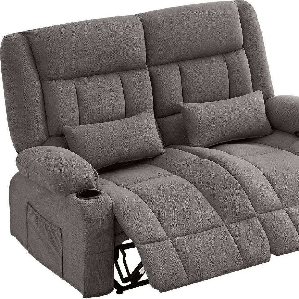 Gray Microfiber Manual Reclining Loveseat with Storage and Toss Pillows