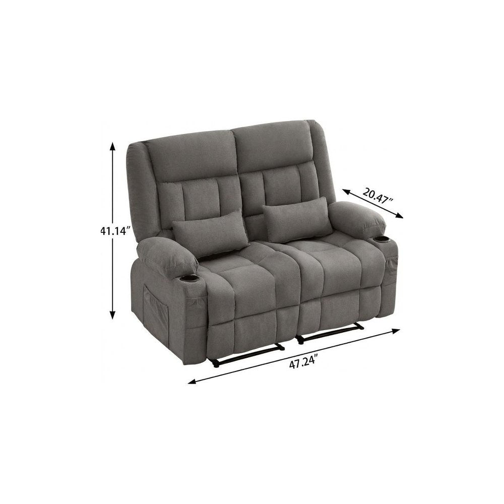 Gray Microfiber Manual Reclining Loveseat with Storage and Toss Pillows