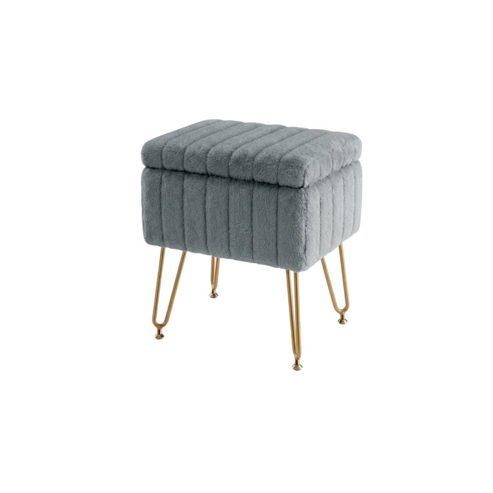Gray and Gold Faux Fur Storage Ottoman - 16-inch