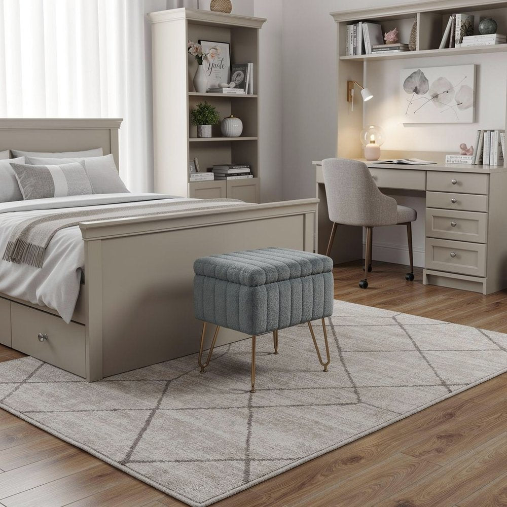 Gray and Gold Faux Fur Storage Ottoman - 16-inch
