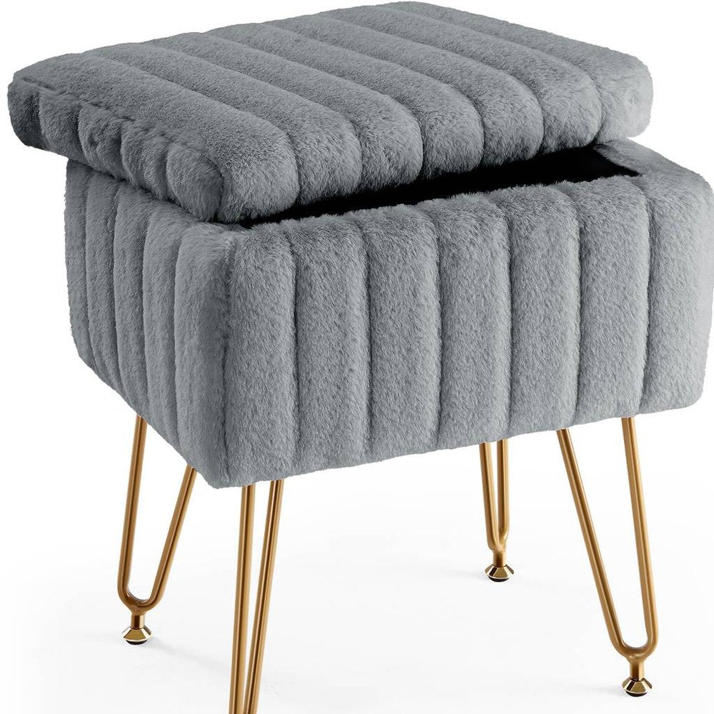 Gray and Gold Faux Fur Storage Ottoman - 16-inch