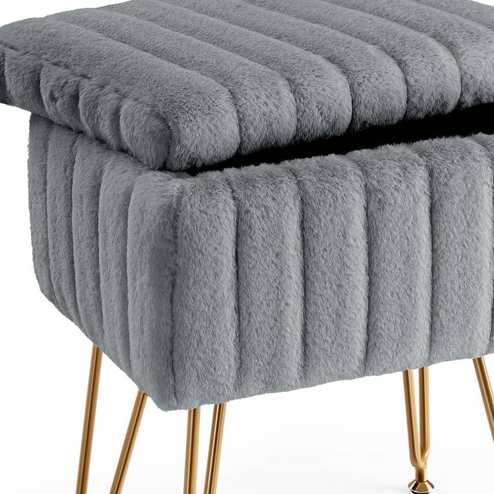 Gray and Gold Faux Fur Storage Ottoman - 16-inch