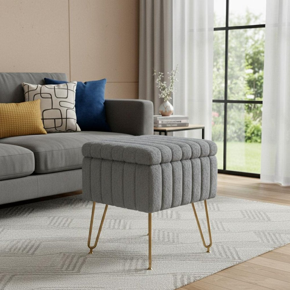 Gray and Gold Faux Fur Storage Ottoman - 16-inch