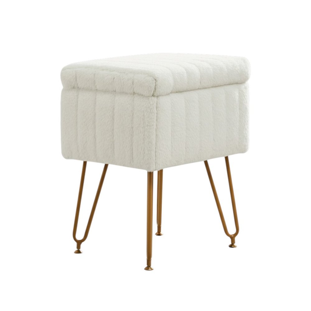 White and Gold Faux Fur Tufted Storage Ottoman - 19-inch