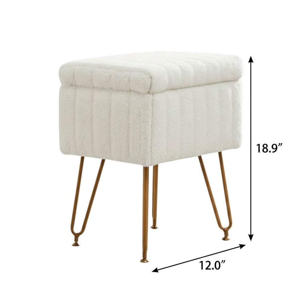 White and Gold Faux Fur Tufted Storage Ottoman - 19-inch