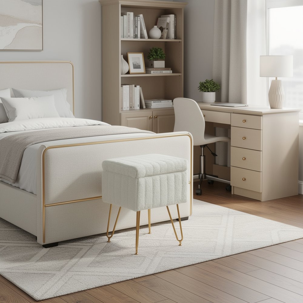 White and Gold Faux Fur Tufted Storage Ottoman - 19-inch