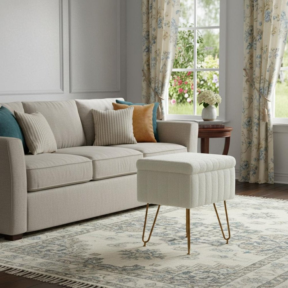 White and Gold Faux Fur Tufted Storage Ottoman - 19-inch