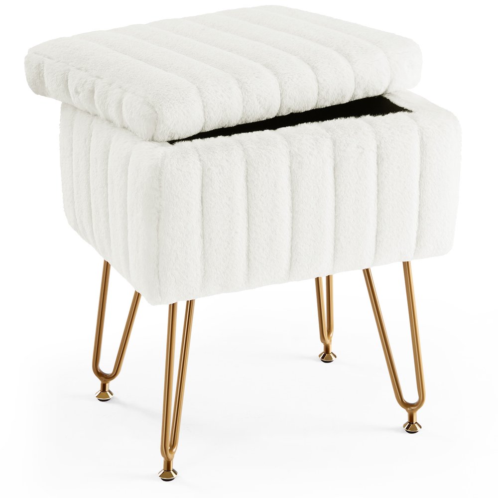White and Gold Faux Fur Tufted Storage Ottoman - 19-inch