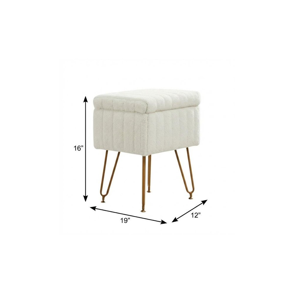 White and Gold Faux Fur Tufted Storage Ottoman - 19-inch