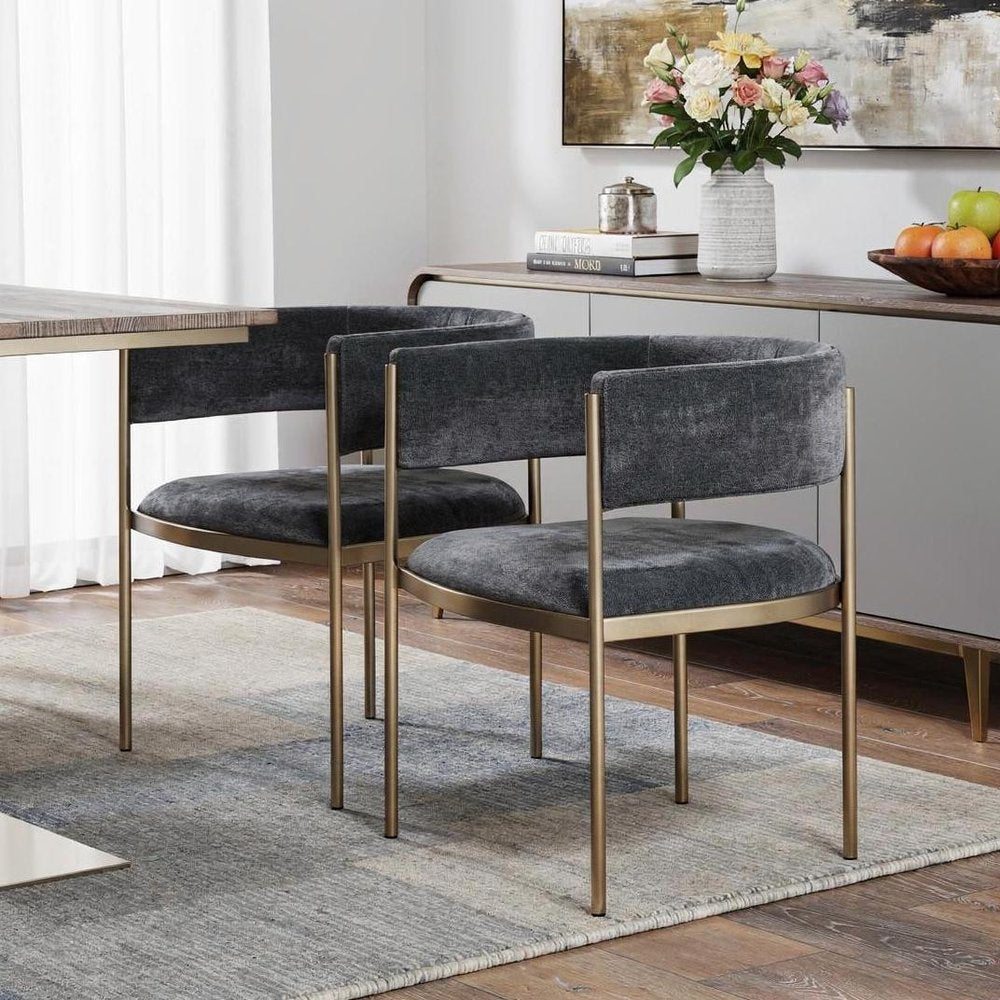 Set of Two Charcoal and Gold Velvet Partially Open Back Dining Arm Chairs