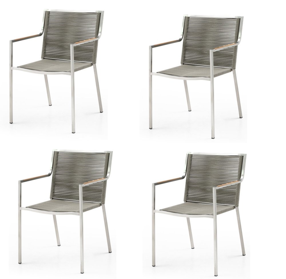 Set of Four Light Brown and Silver Woven Steel Outdoor Arm Chairs