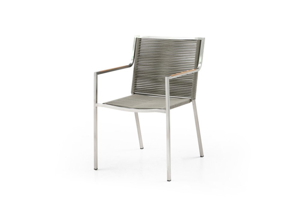 Set of Four Light Brown and Silver Woven Steel Outdoor Arm Chairs