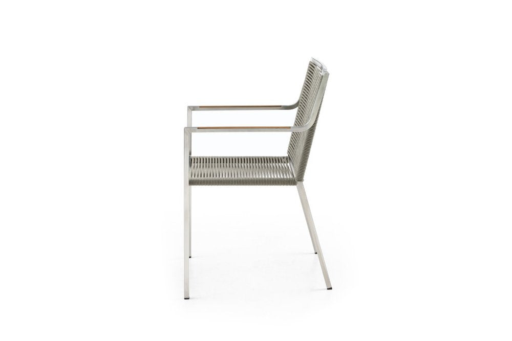 Set of Four Light Brown and Silver Woven Steel Outdoor Arm Chairs