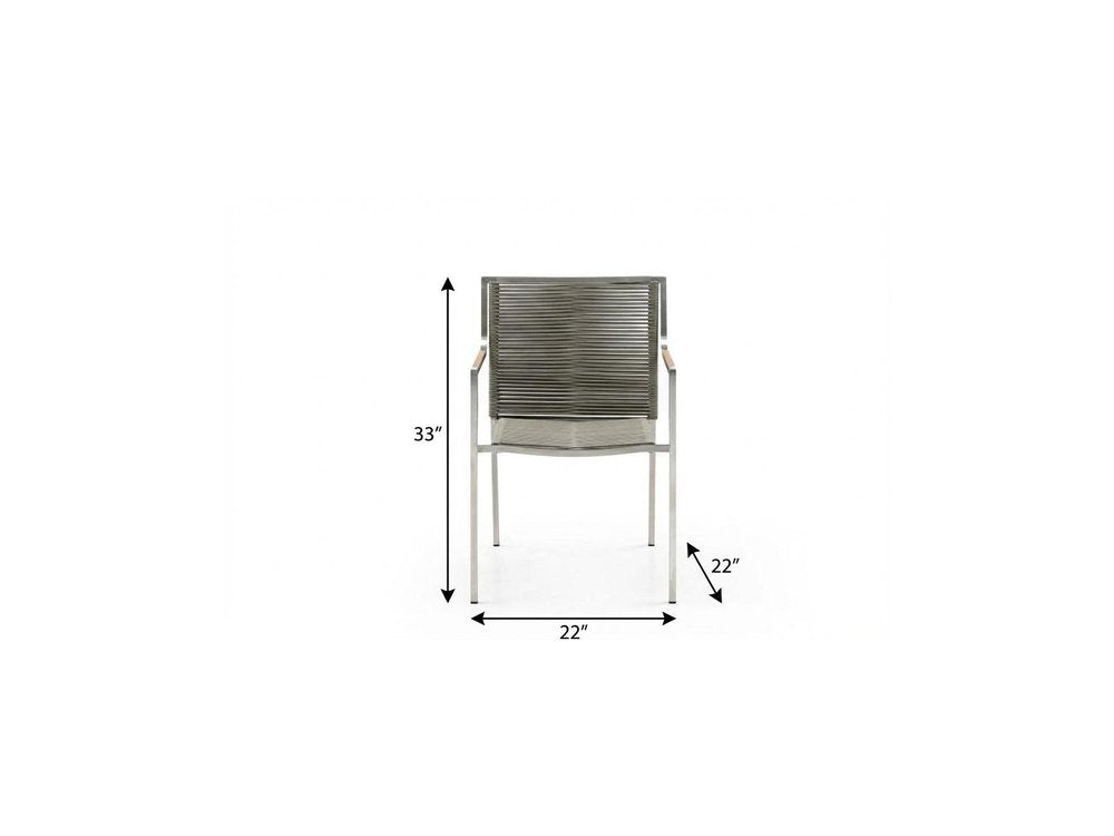 Set of Four Light Brown and Silver Woven Steel Outdoor Arm Chairs