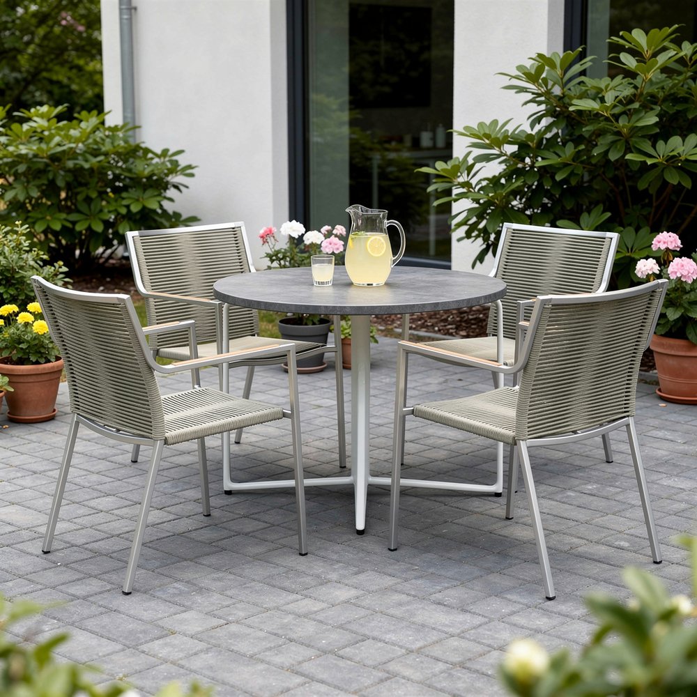 Set of Four Light Brown and Silver Woven Steel Outdoor Arm Chairs