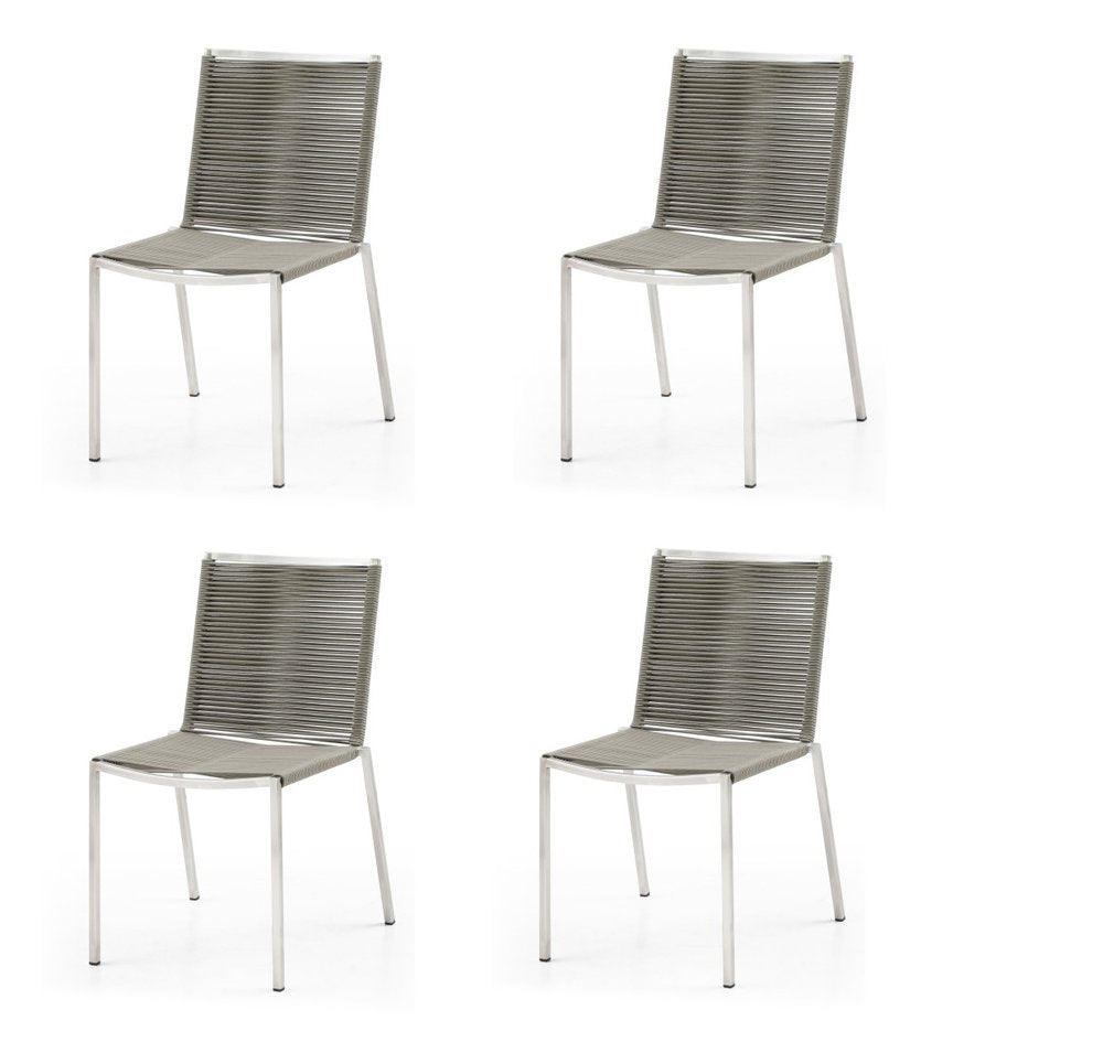 Set of Four Light Brown and Silver Woven Steel Outdoor Dining Chairs