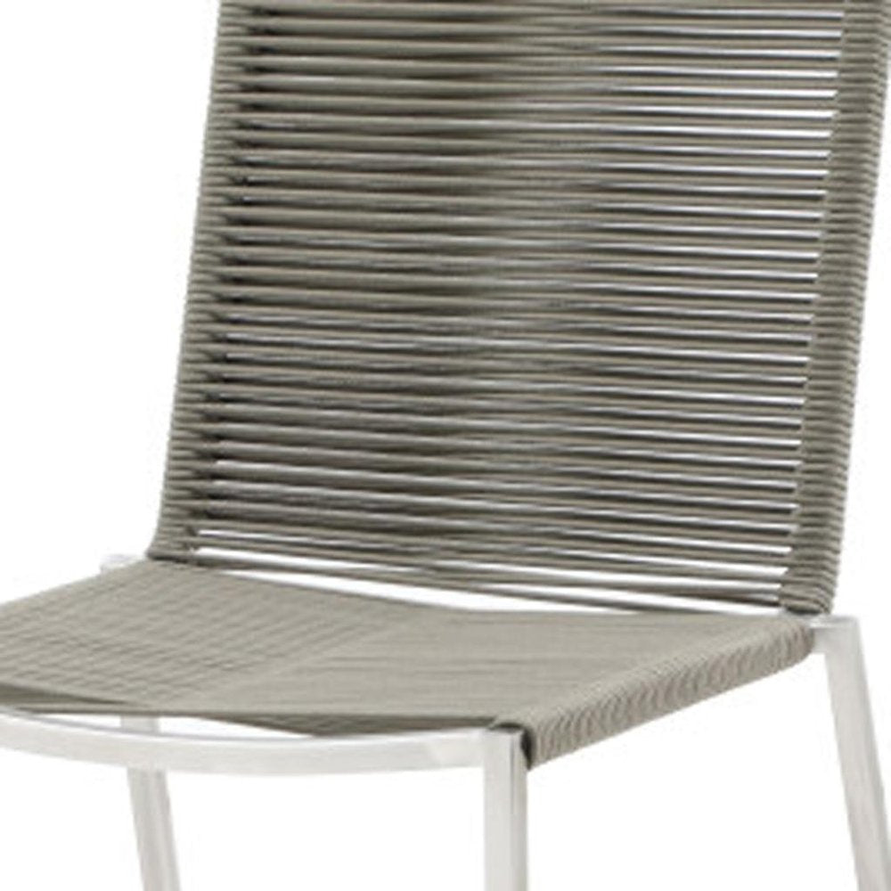 Set of Four Light Brown and Silver Woven Steel Outdoor Dining Chairs