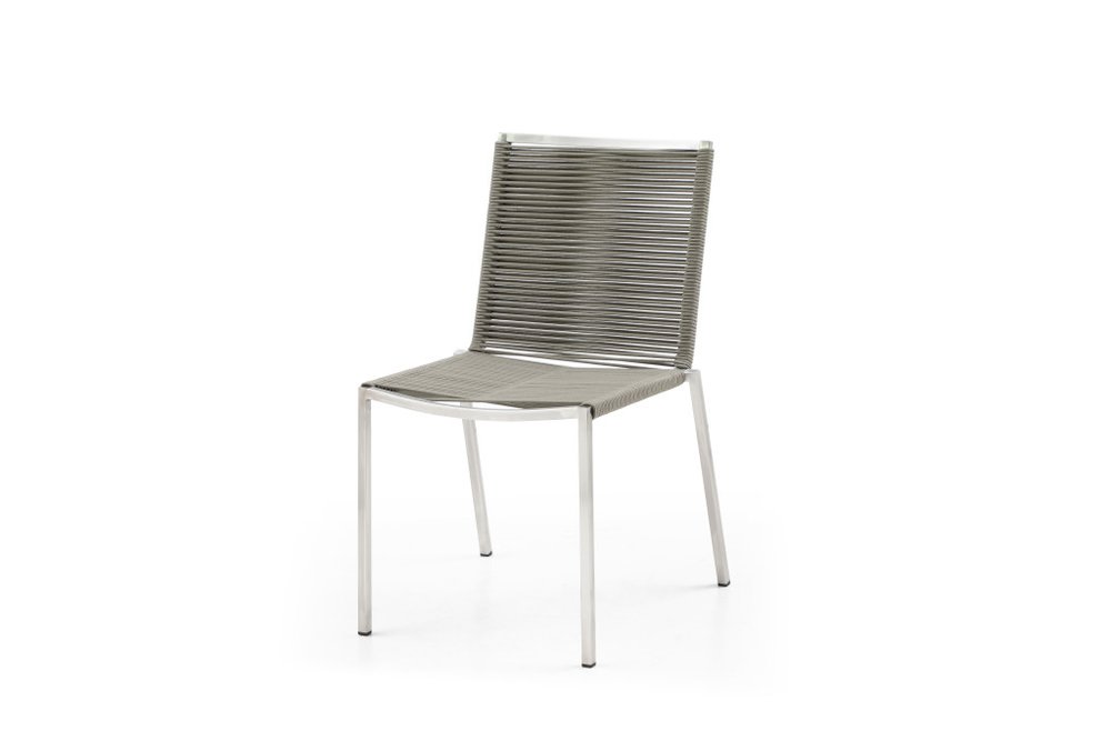 Set of Four Light Brown and Silver Woven Steel Outdoor Dining Chairs
