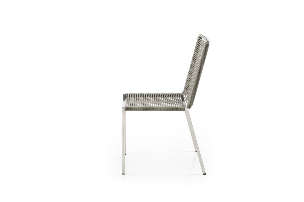 Set of Four Light Brown and Silver Woven Steel Outdoor Dining Chairs