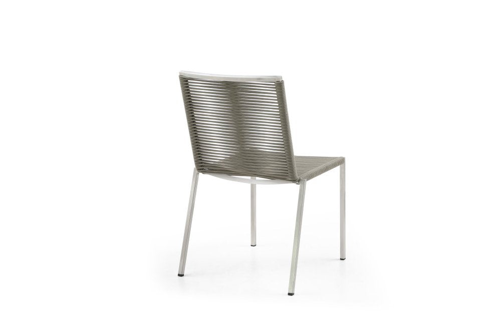 Set of Four Light Brown and Silver Woven Steel Outdoor Dining Chairs