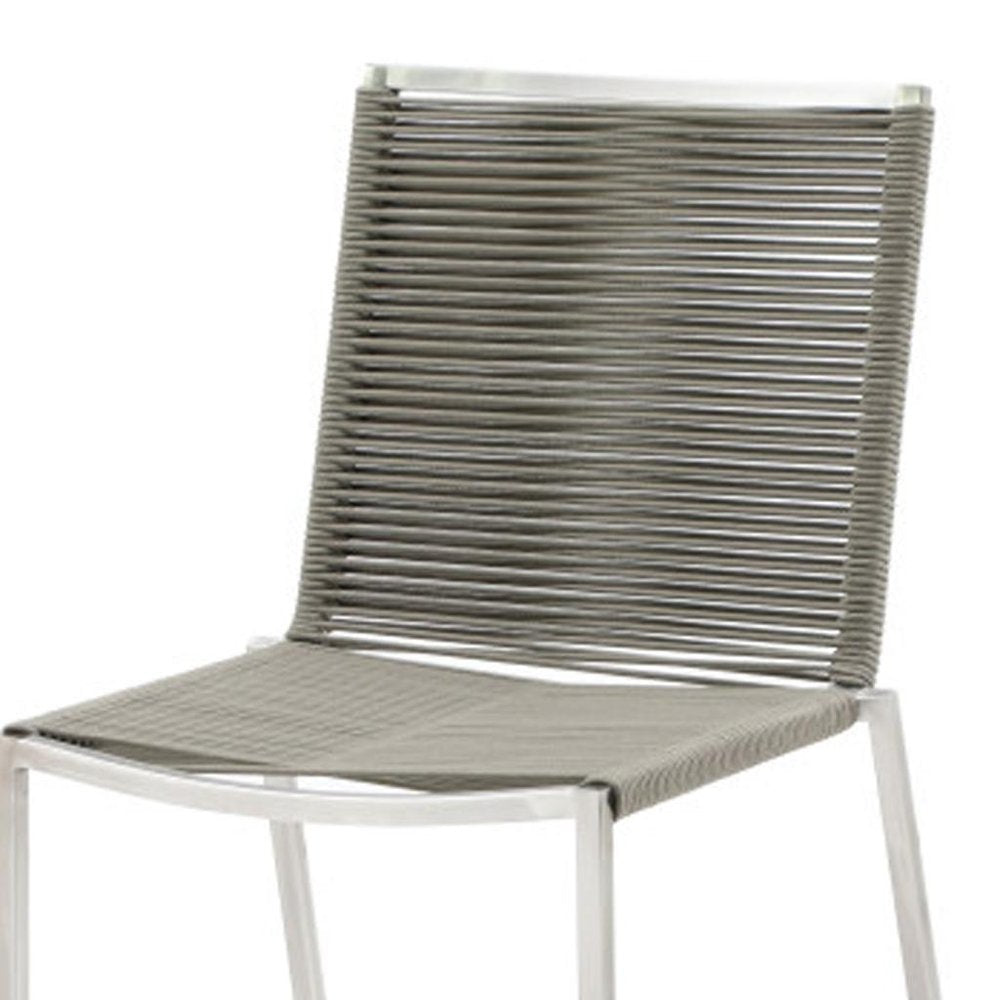 Set of Four Light Brown and Silver Woven Steel Outdoor Dining Chairs