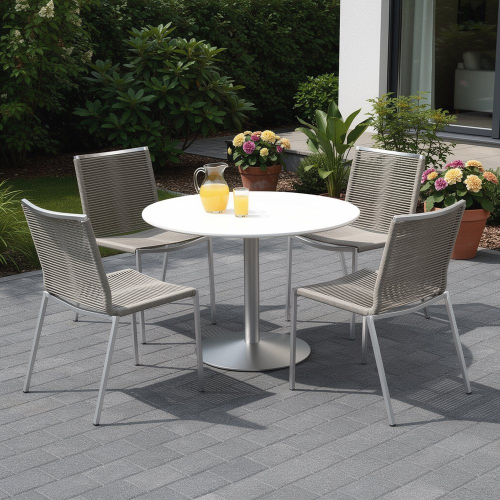 Set of Four Light Brown and Silver Woven Steel Outdoor Dining Chairs