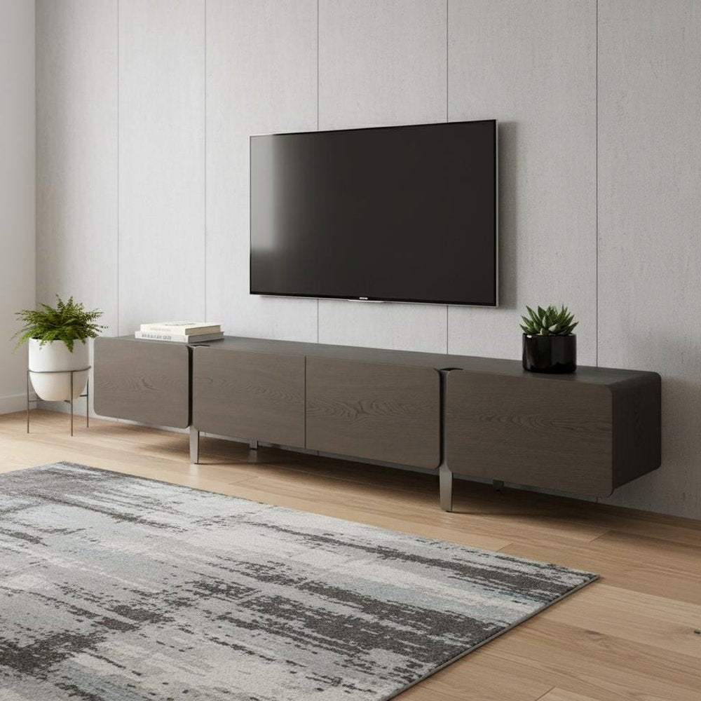 Ash Gray and Nickel Wood and Stainless Steel Enclosed Storage TV Stand