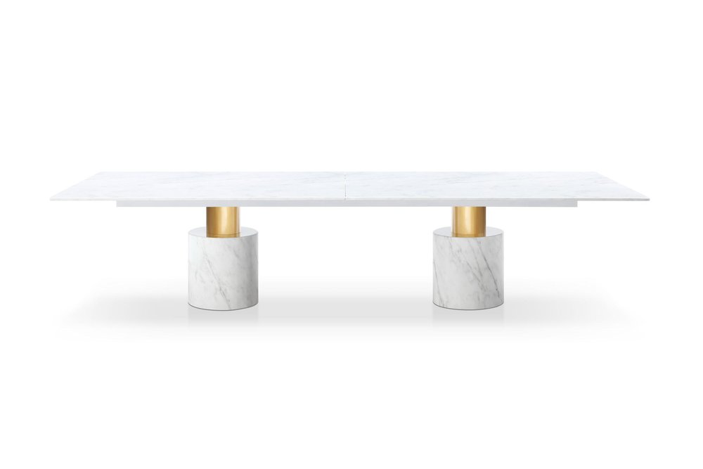 White and Gold Marble and Steel Double Pedestal Base Dining Table - 180-inch