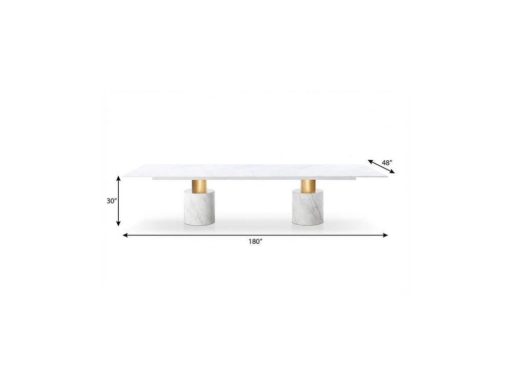White and Gold Marble and Steel Double Pedestal Base Dining Table - 180-inch