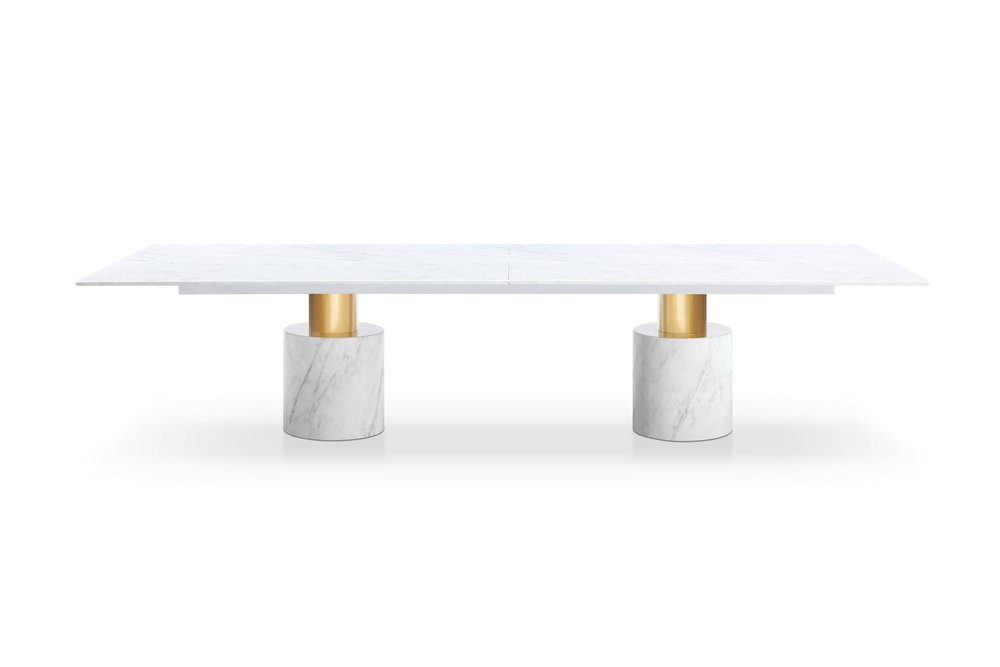White and Gold Marble and Steel Double Pedestal Base Dining Table - 180-inch