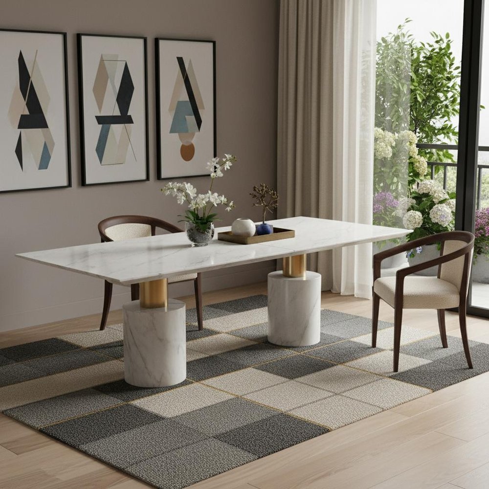 White and Gold Marble and Steel Double Pedestal Base Dining Table - 180-inch