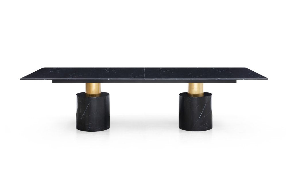 Black and Gold Marble and Steel Double Pedestal Base Dining Table - 180-inch