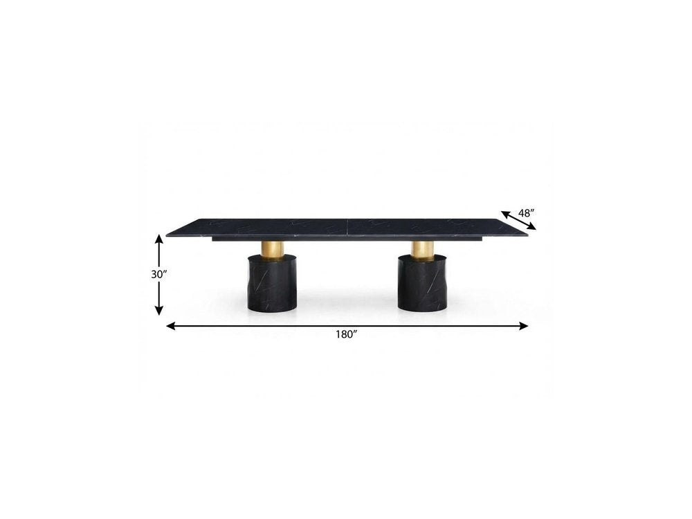 Black and Gold Marble and Steel Double Pedestal Base Dining Table - 180-inch