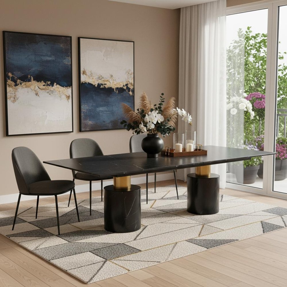 Black and Gold Marble and Steel Double Pedestal Base Dining Table - 180-inch