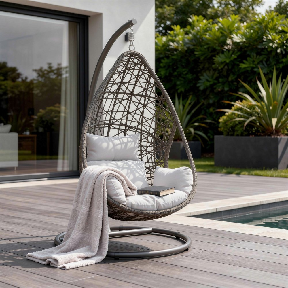 Dark Gray Aluminum Outdoor Rocking Egg Chair with White Cushion