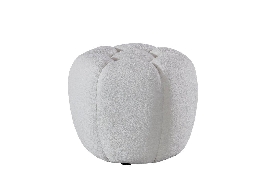 White Tufted Boucle Round Ottoman - 19-inch