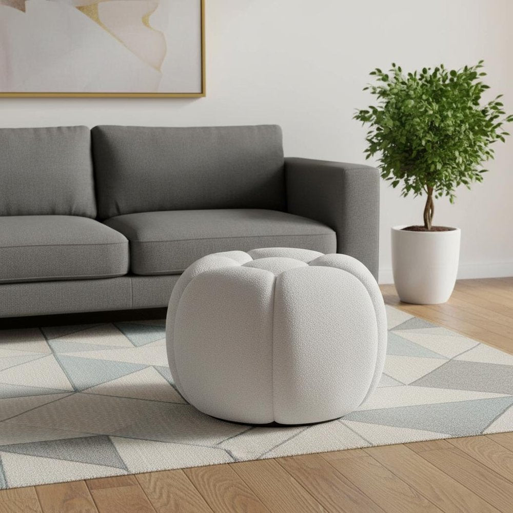White Tufted Boucle Round Ottoman - 19-inch