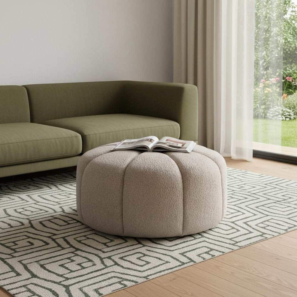 Taupe Tufted Boucle Tufted Round Ottoman - 32-inch