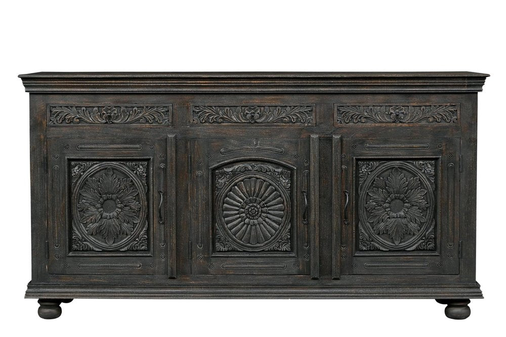 Black Distressed Solid Wood Carved Floral Three Drawer Sideboard with Three Doors