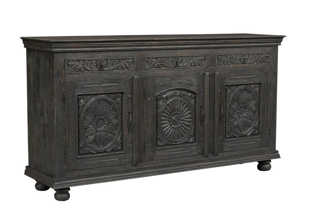 Black Distressed Solid Wood Carved Floral Three Drawer Sideboard with Three Doors