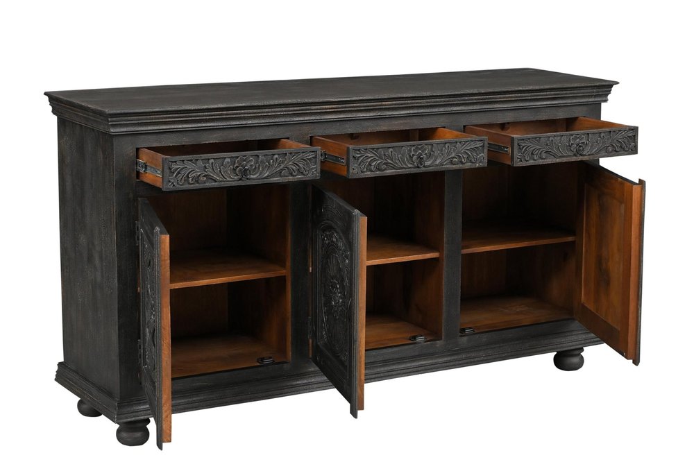 Black Distressed Solid Wood Carved Floral Three Drawer Sideboard with Three Doors