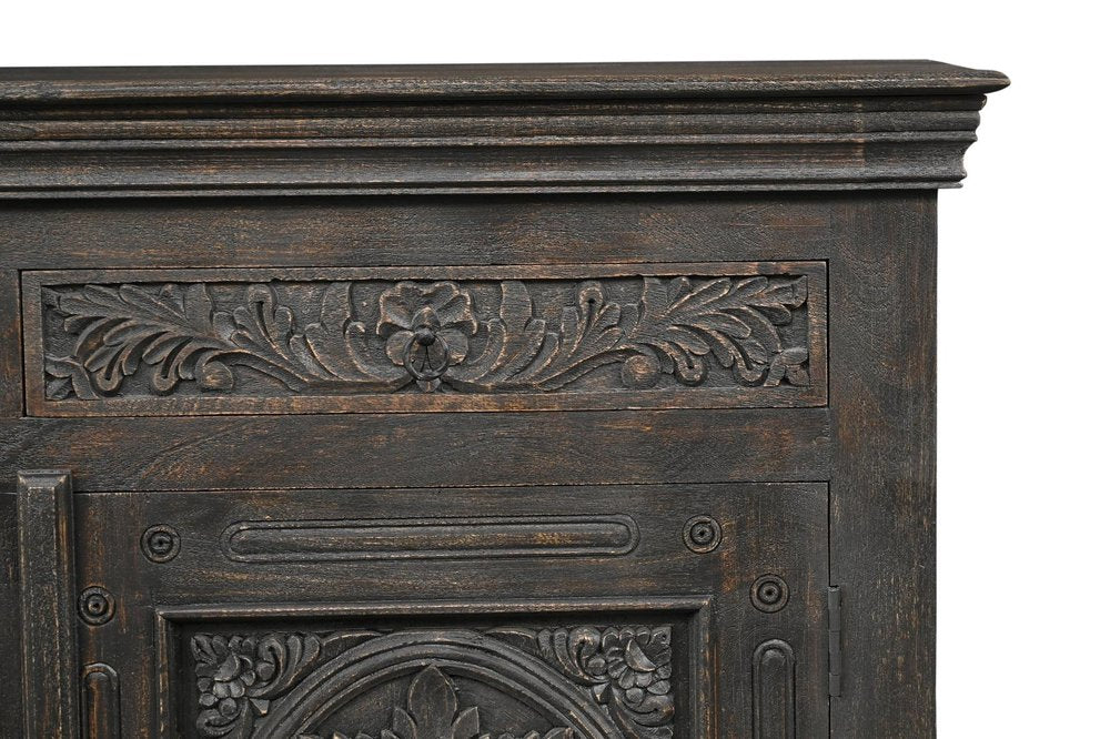 Black Distressed Solid Wood Carved Floral Three Drawer Sideboard with Three Doors